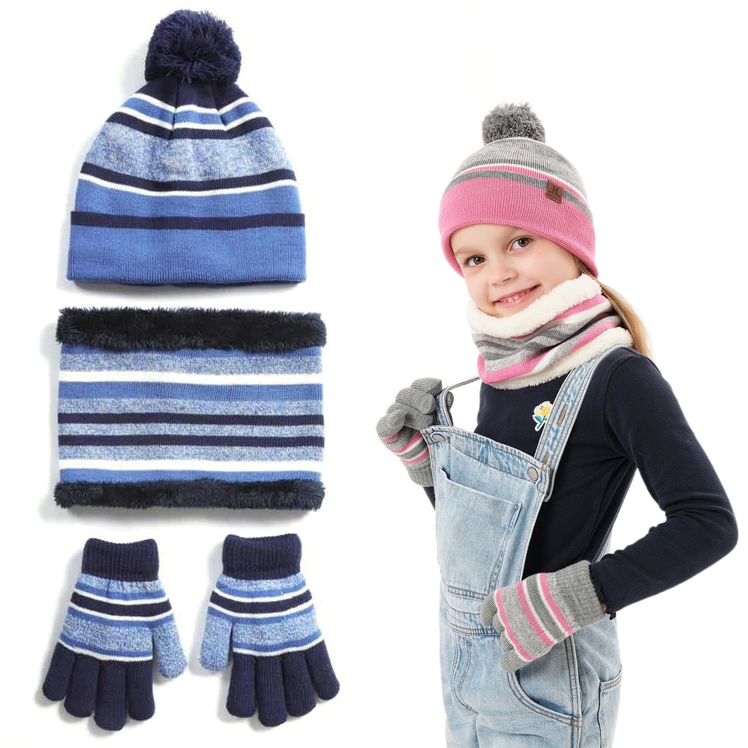 1Set Winter Kids Chapeau tricoté Gants 3Pcs Garçons Filles Bonnet d'hiver chaud Chapeau et Gants