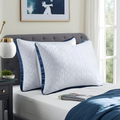 2-Pack Luxury Bed Pillows - Breathable Down Alternative Gusseted Supportive Pillows With White & Navy Blue Elegant Pattern, Soft Fiber Fill For Enhanc