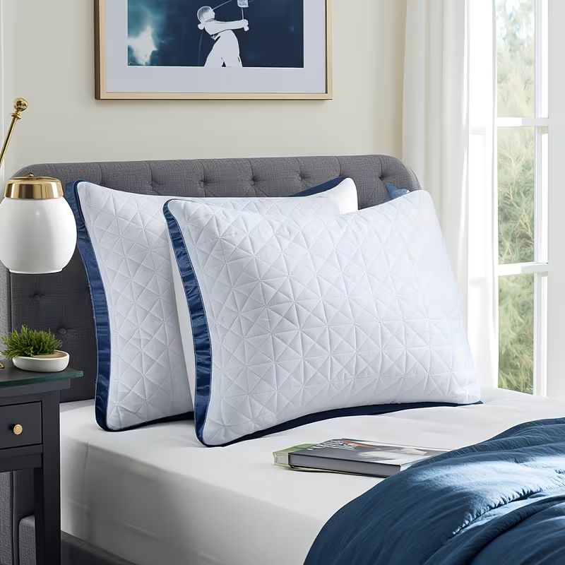 2-Pack Luxury Bed Pillows - Breathable Down Alternative Gusseted Supportive Pillows With White & Navy Blue Elegant Pattern, Soft Fiber Fill For Enhanc