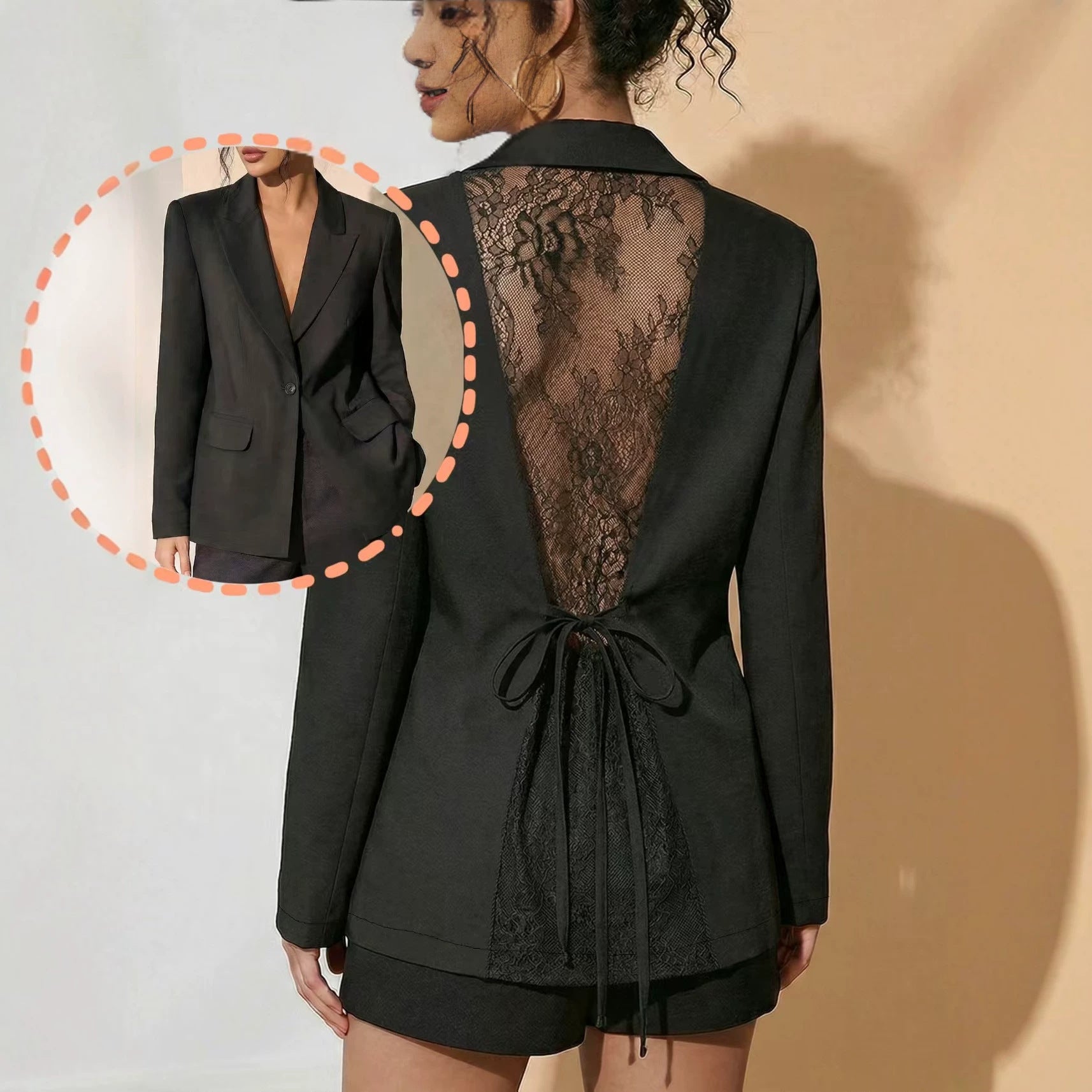 Arrivée Femmes Slim-fit Lace-waist Blazer avec un panneau arrière mince