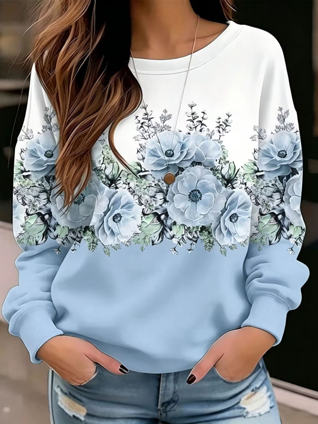 Sweatshirt imprimé floral à col rond pour femme
