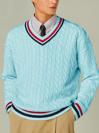 Bloc de couleur Col V Col à manches longues Chandail casual élégant Automnehiver