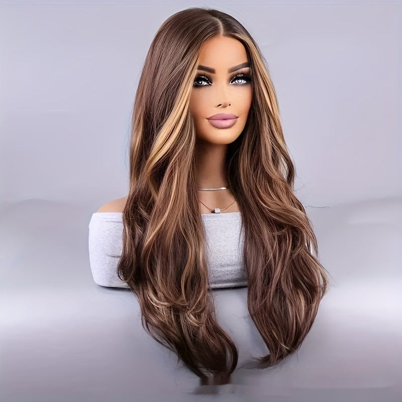 26-pouces Élégante Perruque Femme Brown Couleur mélangée Wavy Long cheveux Synthétique Fibre Rose Mesh Casquette