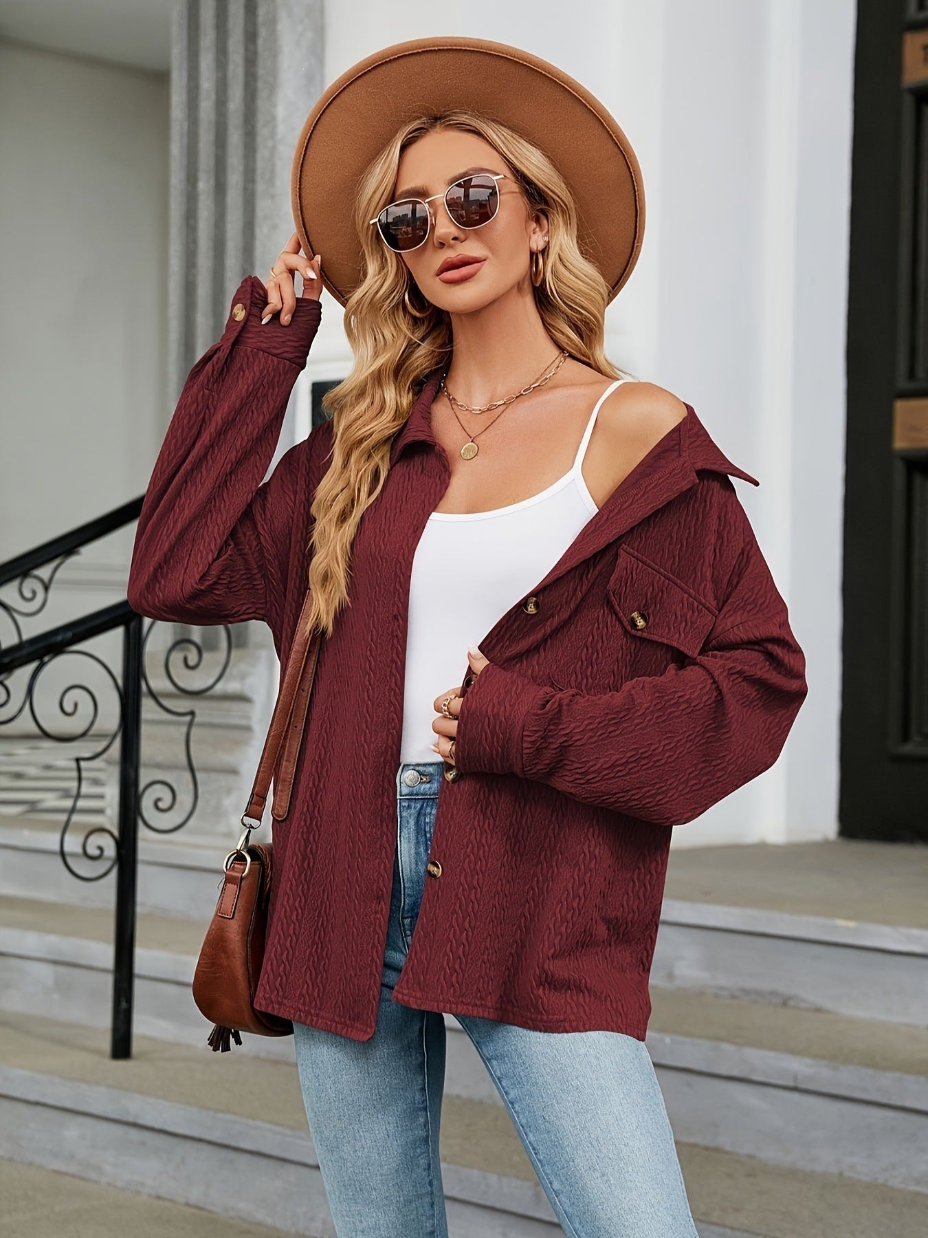 Veste tweed française pour femme Automne Hiver Casual Solid Color Button Pocket Coat