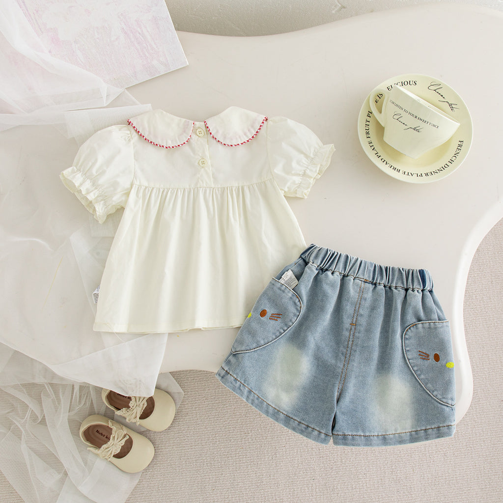 Chemise à poupée à nœuds d'eau Short en denim Ensemble en deux parties