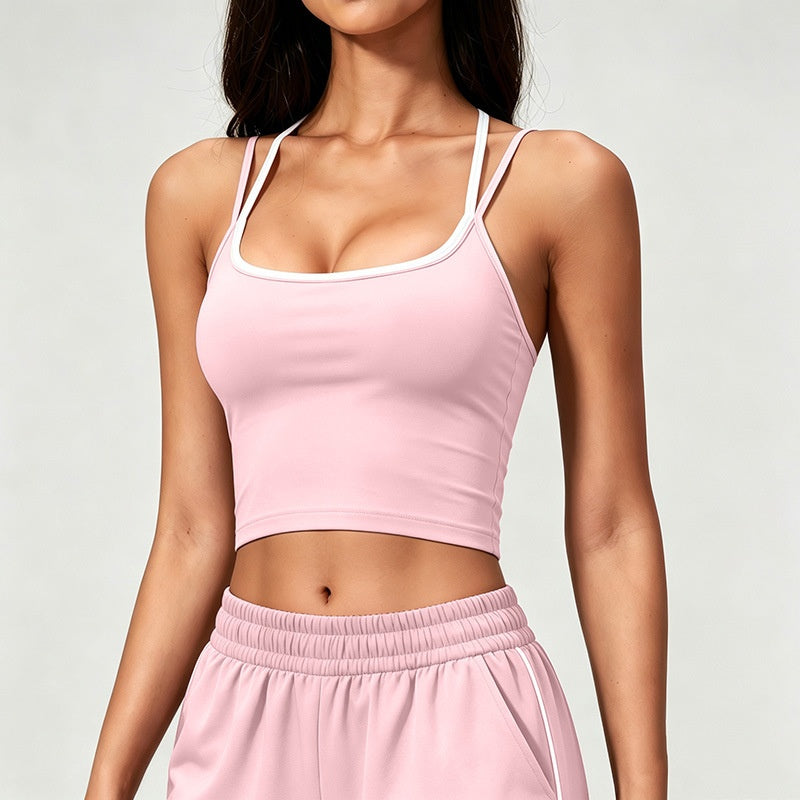 Color Block Sports Bra Halterneck Two Piece Faux Tank Top pour femmes