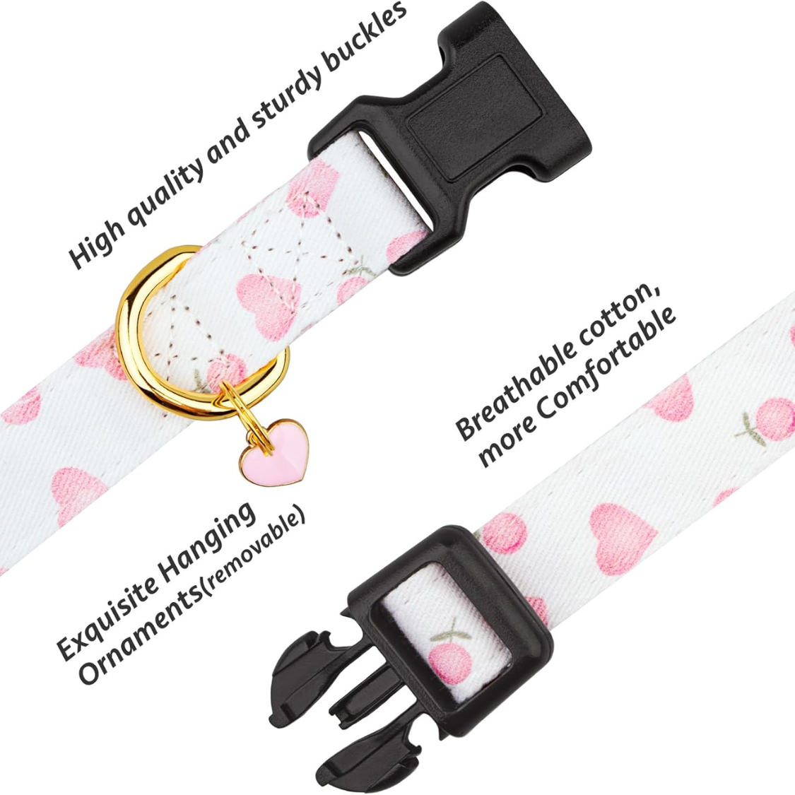 White and pink dog collar with hearts and a pendant