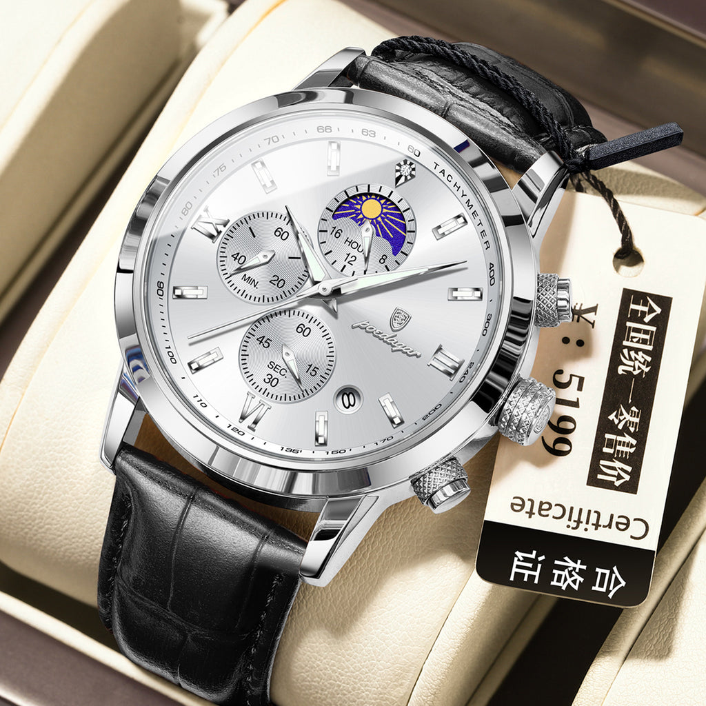 Montre homme avec phase lune et chronographe multifonction