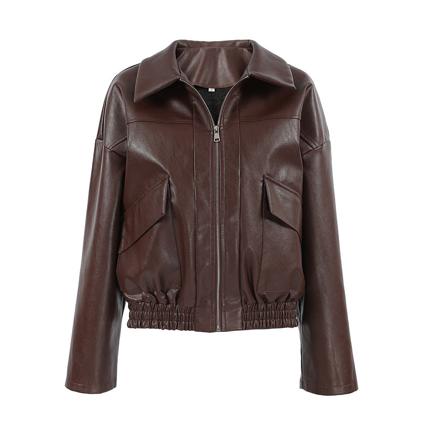 Retro AutomneHiver Vieux Style d'argent Veste en cuir pour les femmes