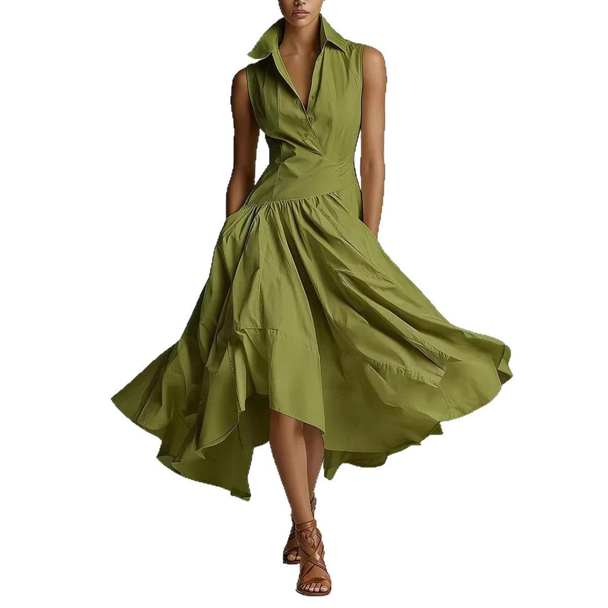 Robe de mi-long avec col en chemise et sans manches