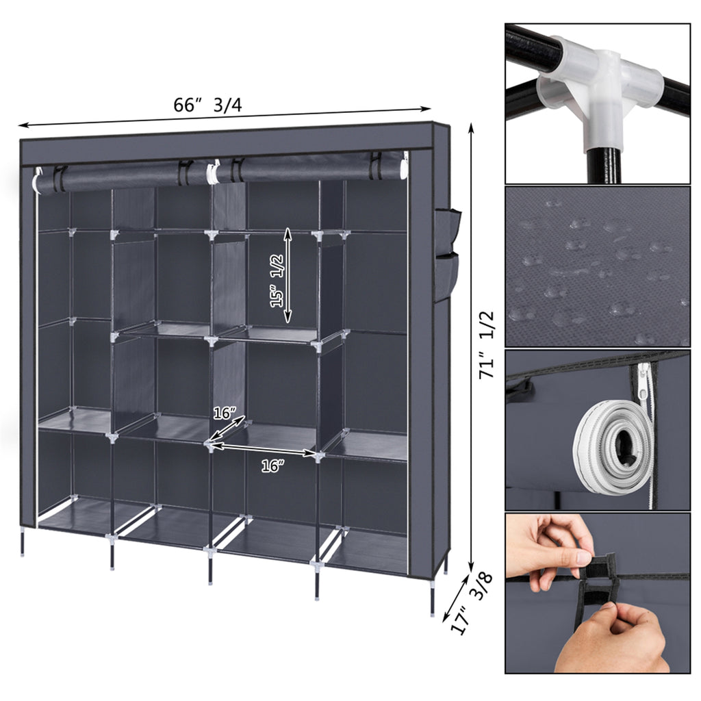Rangement d'armoire portable de 67 pouces Sac de rangement 12 étagères 4 poches latérales Gr