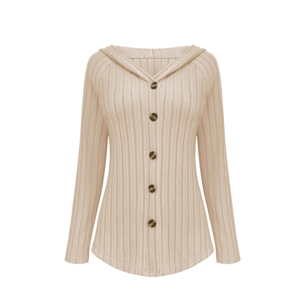 Femmes en tricot côtelé haut à capuche manches longues bouton vers le bas casual chemise Curved Hem Blouse avec S