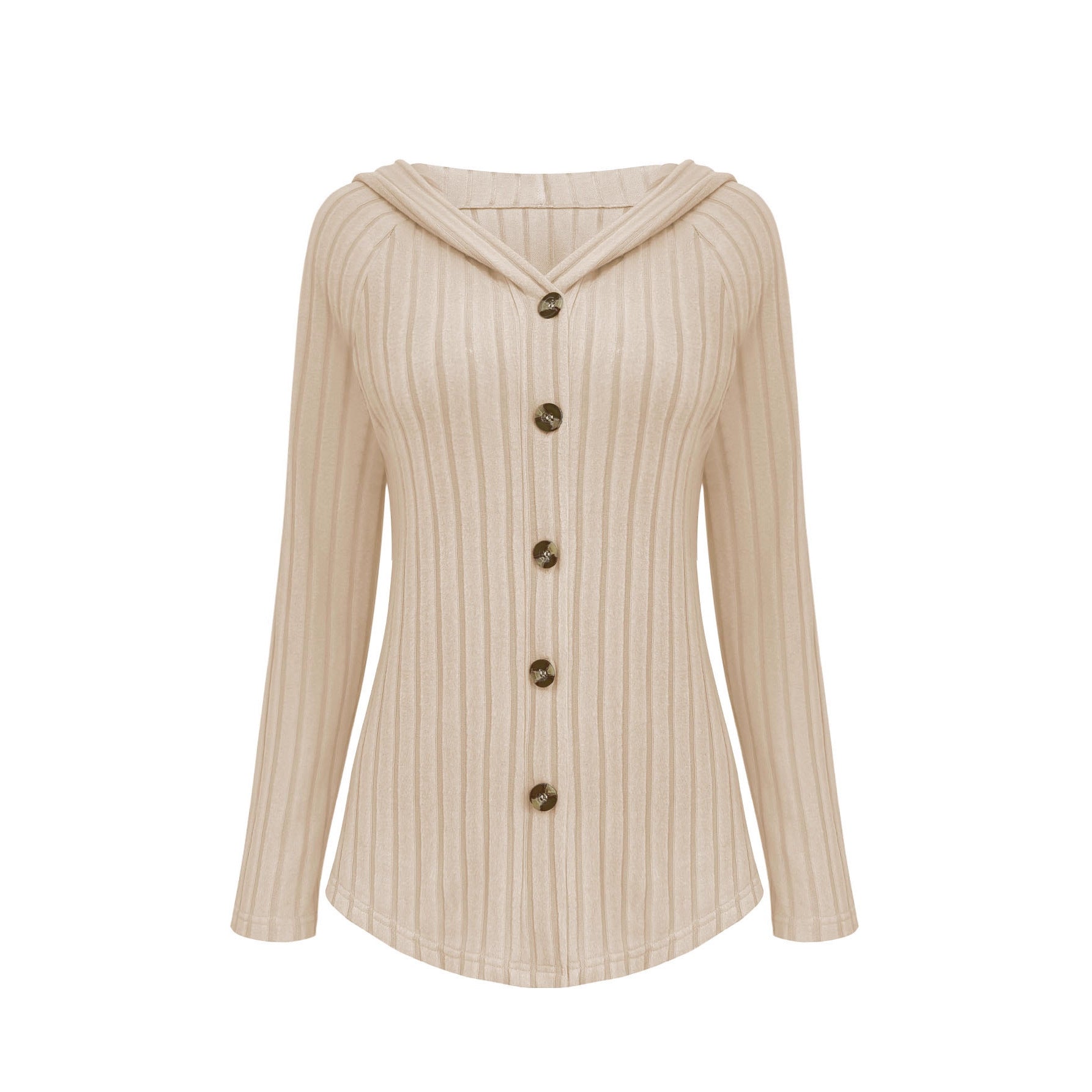 Femmes en tricot côtelé haut à capuche manches longues bouton vers le bas casual chemise Curved Hem Blouse avec S