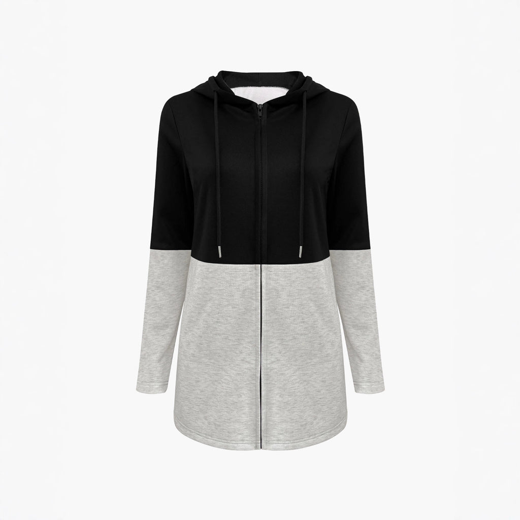 Femmes Couleur Block Zip Up Cardigan à capuche Longue Manches Drawstring Casual Mid Longueur Veste W
