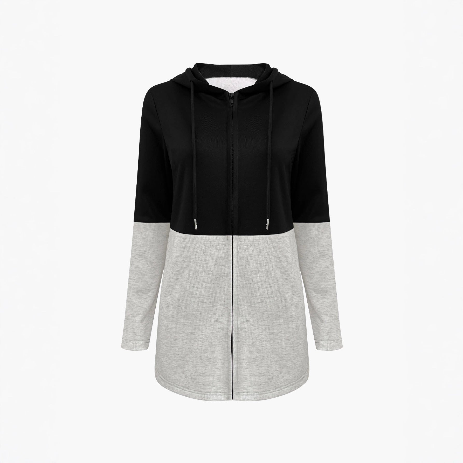 Femmes Couleur Block Zip Up Cardigan à capuche Longue Manches Drawstring Casual Mid Longueur Veste W