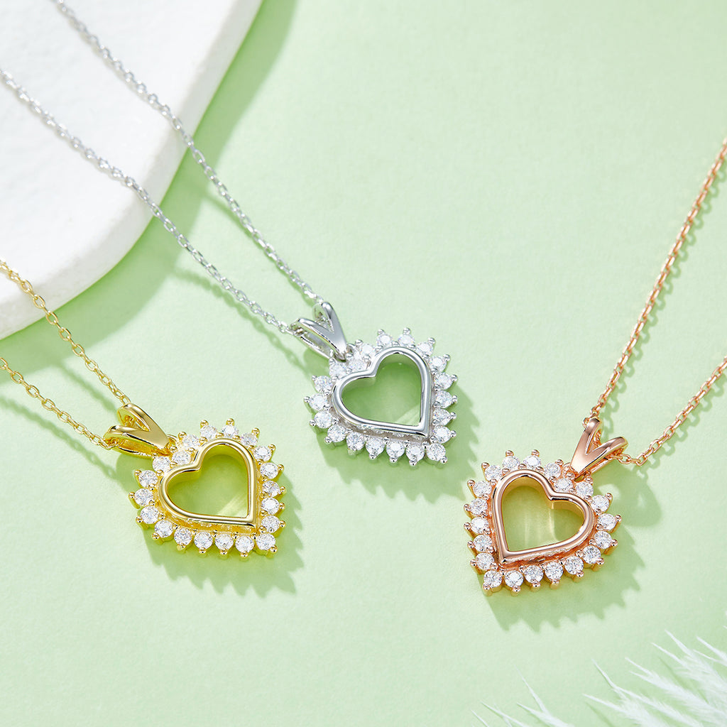 4.1g S925 Collier de coeur en argent sterling 45cm 20 Pierre Sunburst Halo Moissanite Pendentif Wi