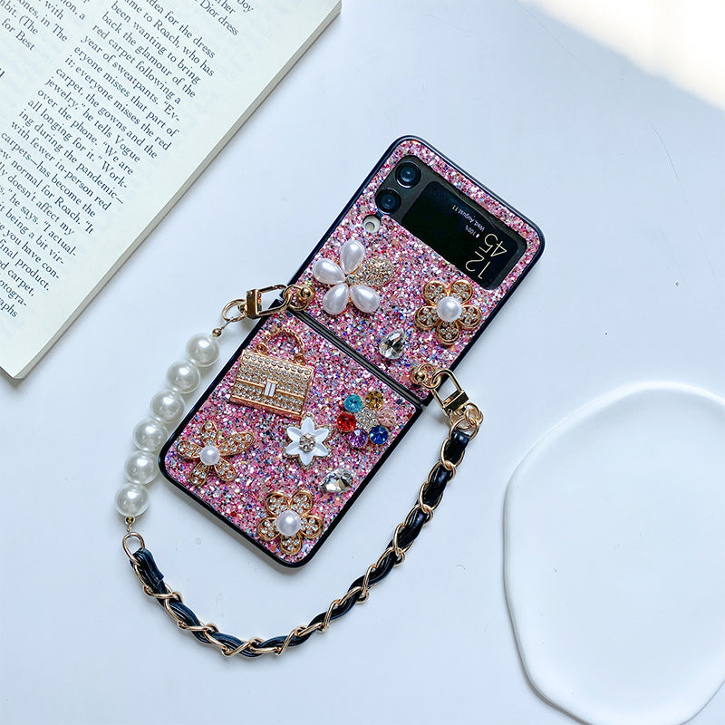 Femelle Fleur Sequin Strass Pearl Écran pliable Flip Case téléphone