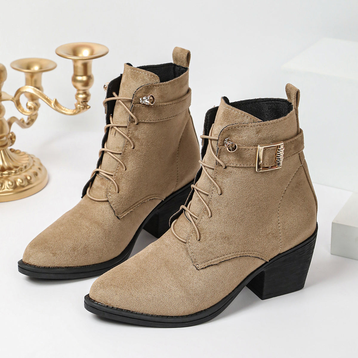 Femmes Vintage Khaki Nubuck Dentelle Up Ankle Bottes en métal Buckle Chunky Talon Western Cowgirl