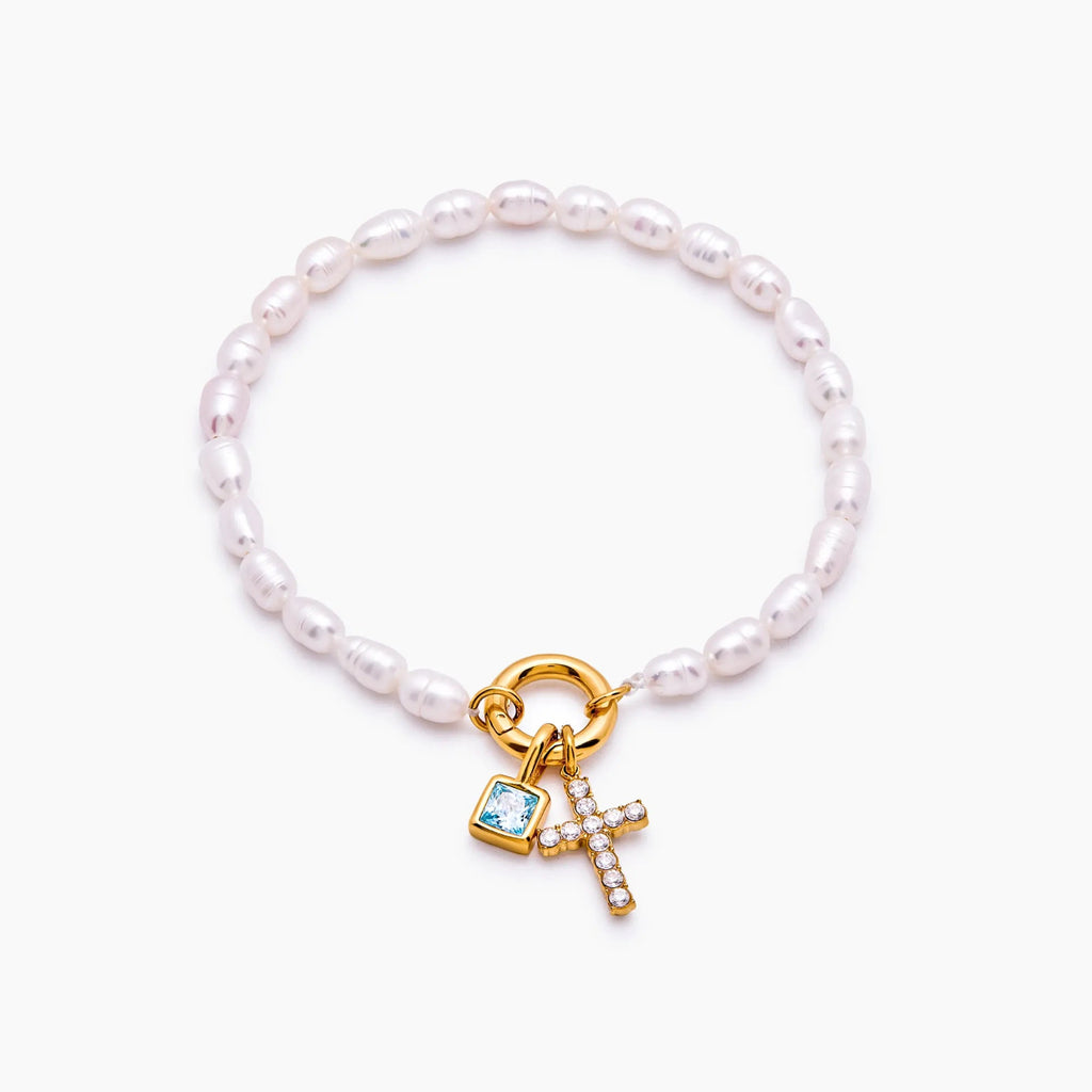Bracelet en perles d'eau douce avec douze pierres zodiac et une croix