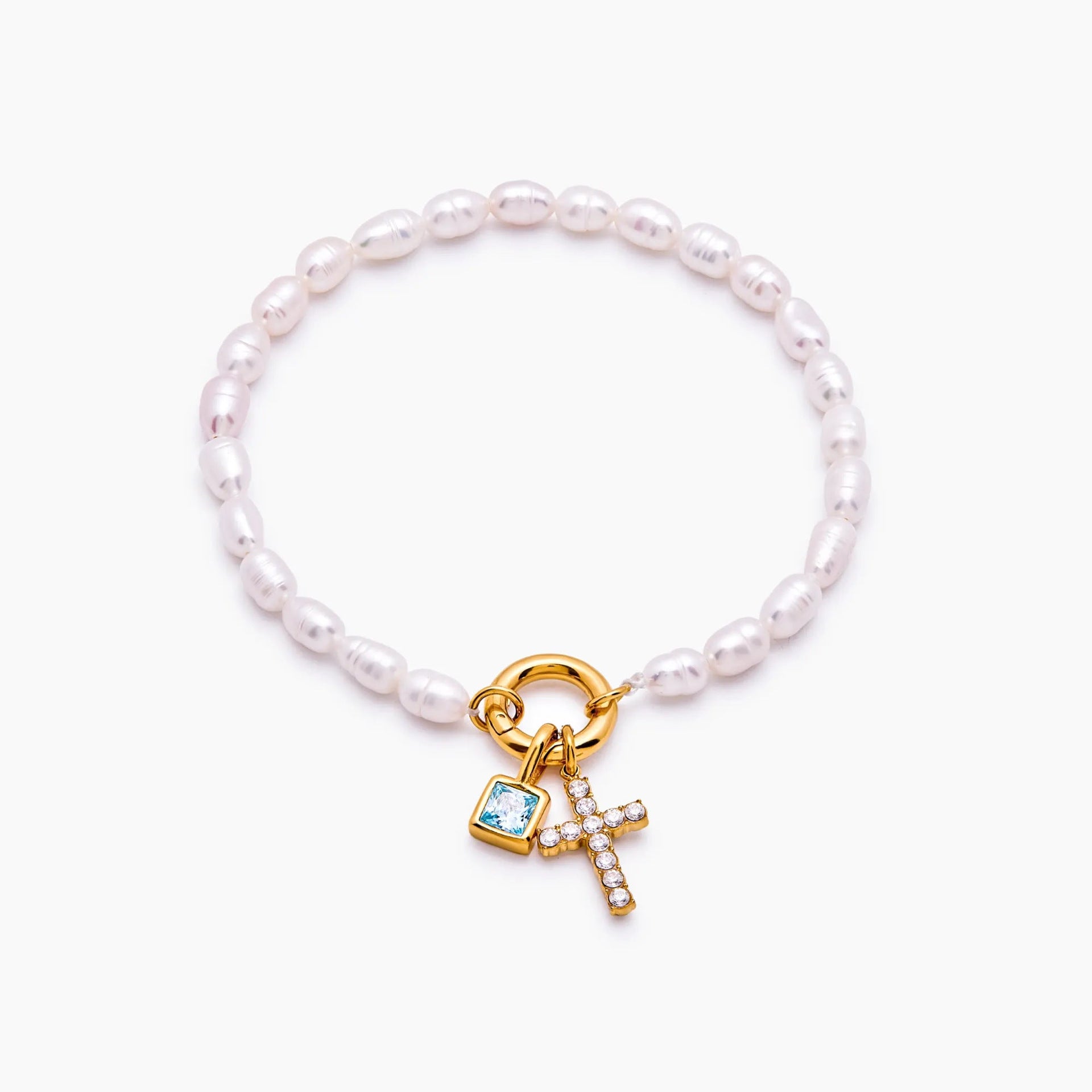 Bracelet en perles d'eau douce avec douze pierres zodiac et une croix