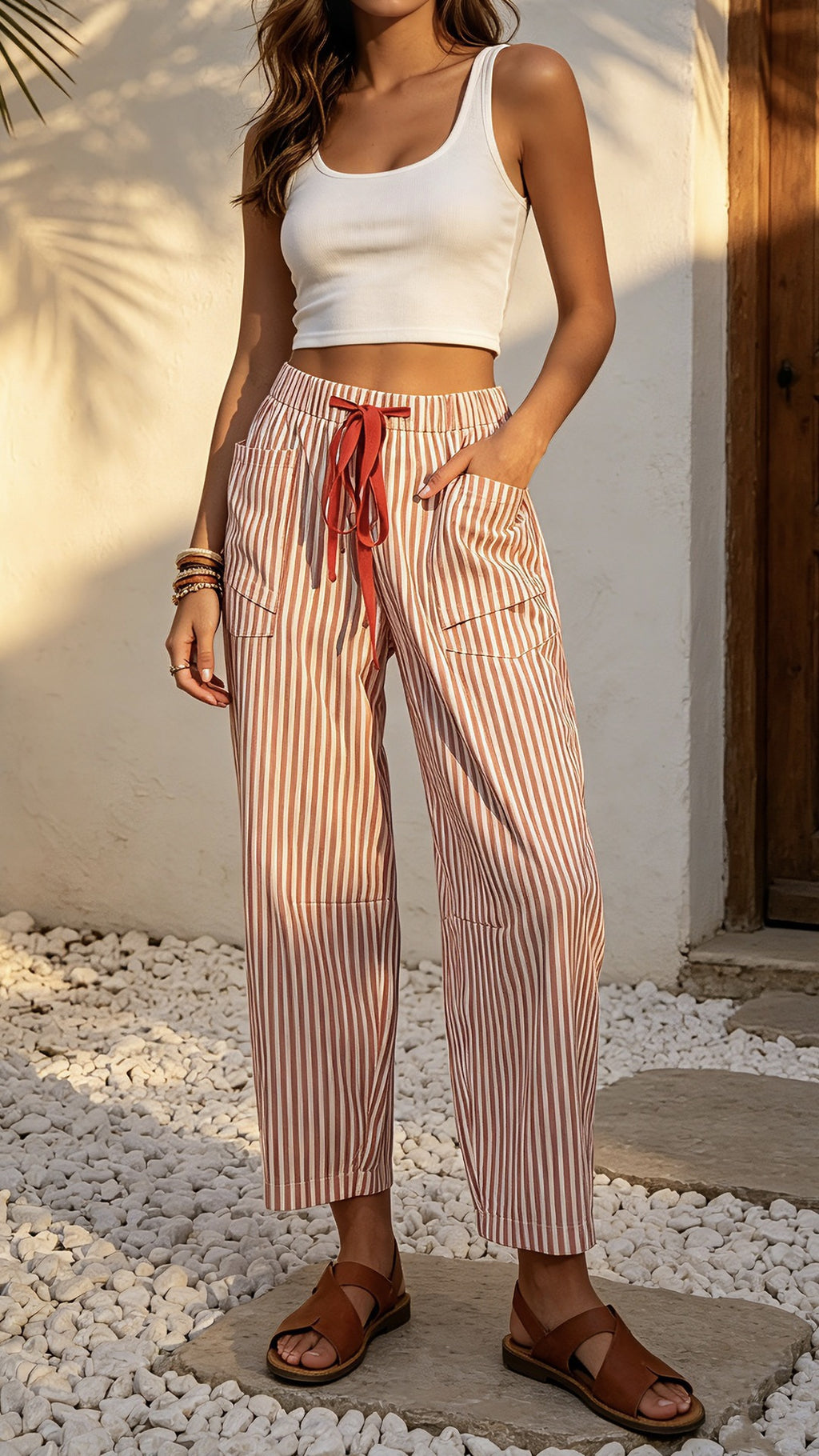 Pantalon pour femmes à poil élastique à imprimé rayé occasionnel