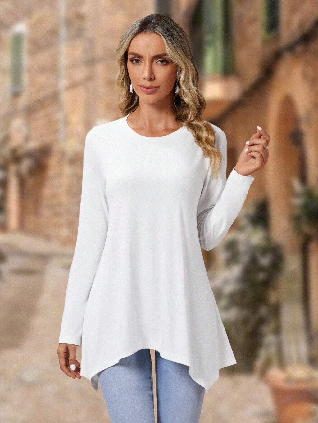 Robe solide manches longues Irrégulier de mode rond cou Top vêtements pour femmes