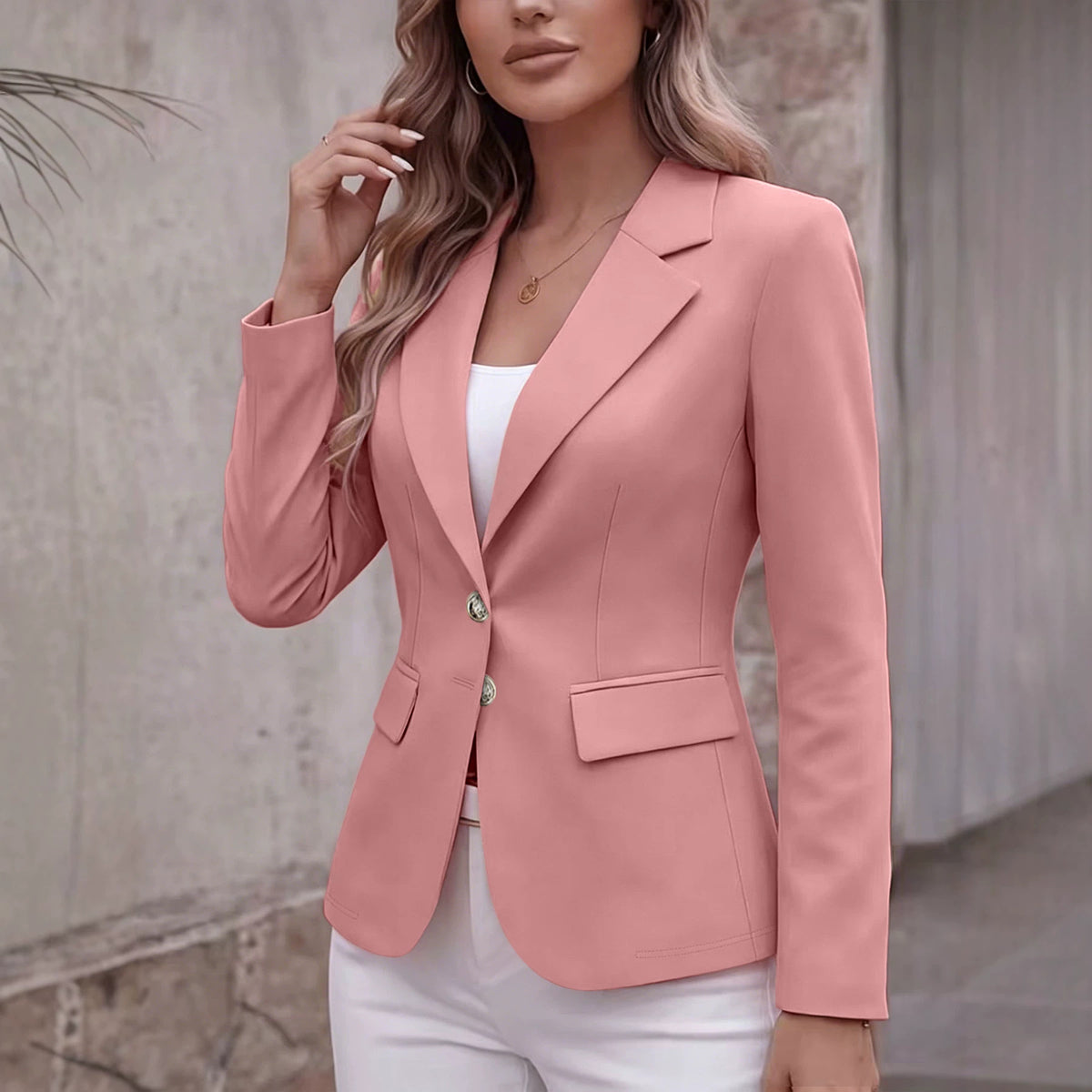 Notch-lapel à deux boutons Flap-pocket manches longues Petite Blazer Cardigan Coat