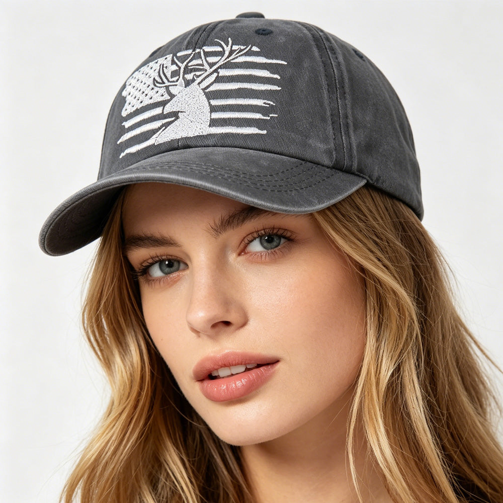 2pcs American Flag Deer Embroidered Baseball Cap - Vintage Washed Cotton Hat