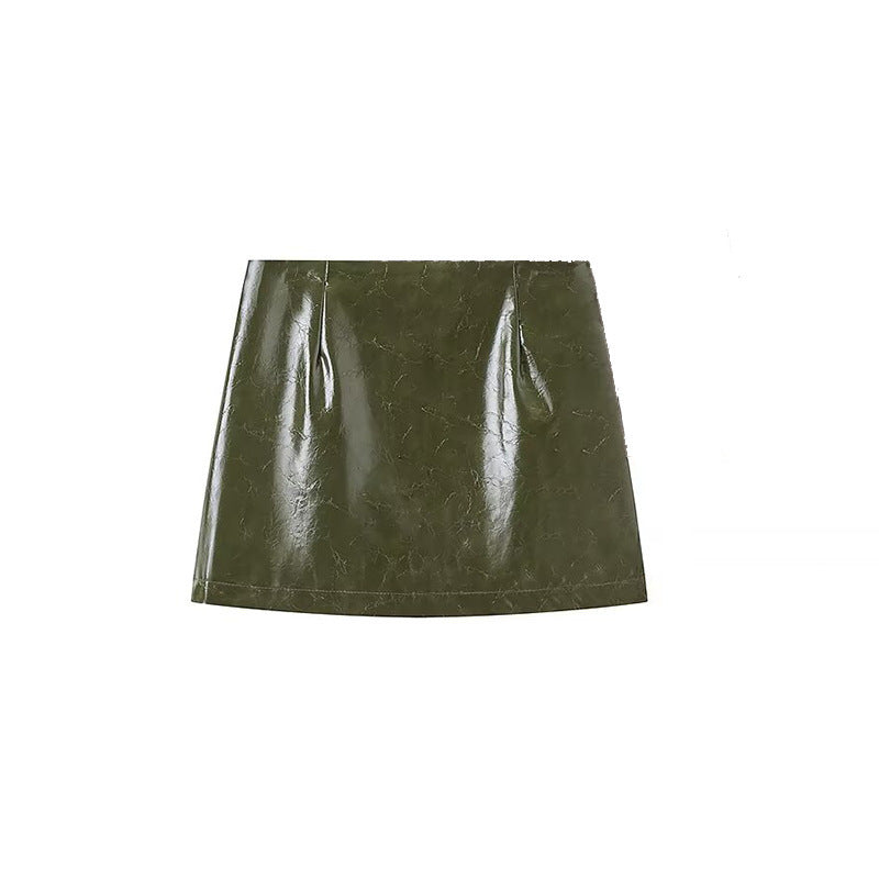 Brevet craqué Faux Cuir Double Breasted Short Blazer & High Waist Mini A-Line Jupe Tw