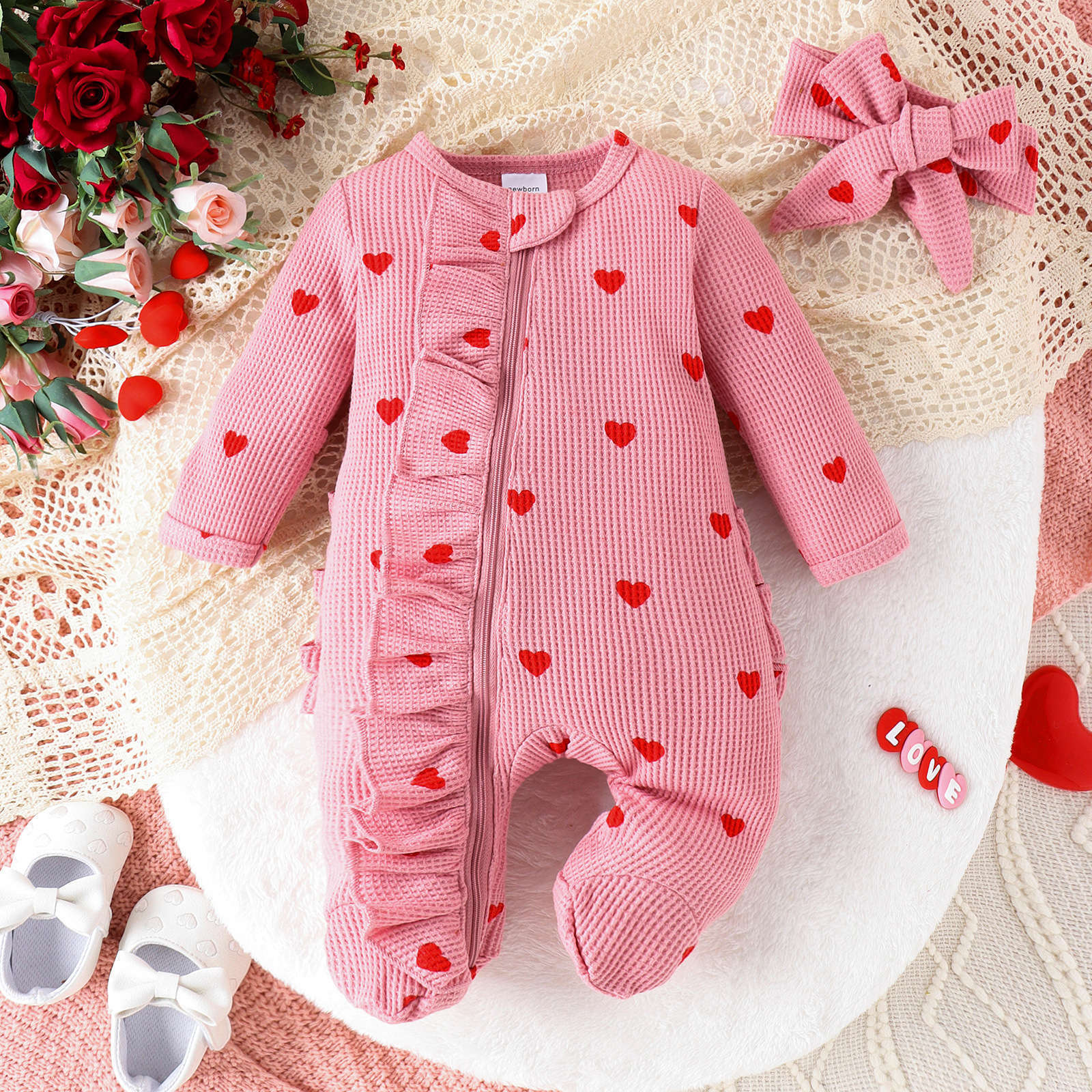 Empreinte cardiaque Jeu de bandeau Zip-up Onesie