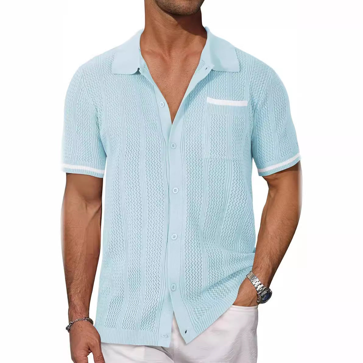 Chemise à manches courtes Poche Hollow Respirant Cool Summer Veste Casual Homme Cardigan