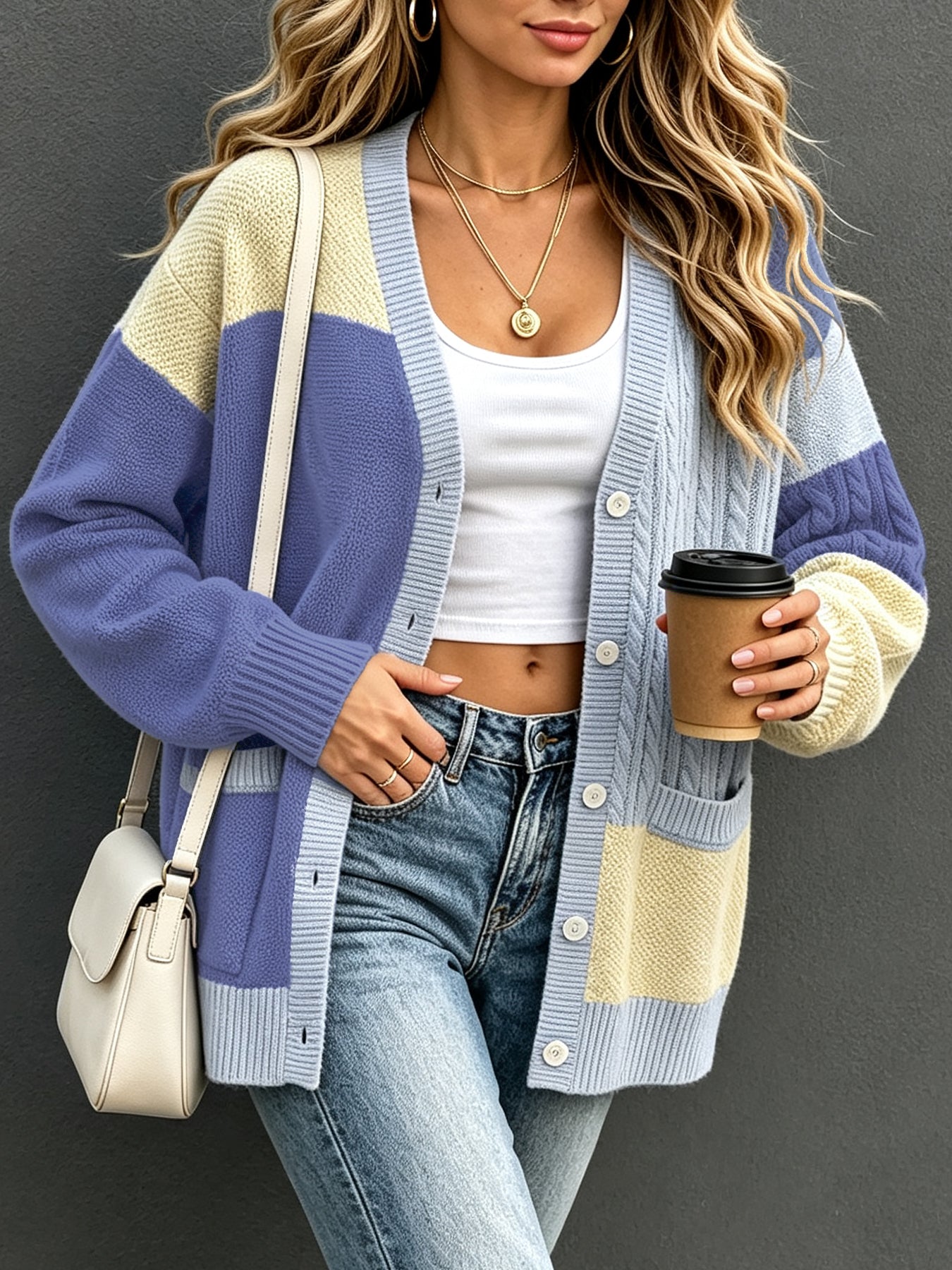Preppy Style Couleur bloc tricot Cardigan