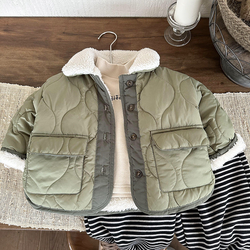 Style coréen Collier en fourrure d'agneau doublée de polaire Épaisseur coton rembourré Mode de manteau