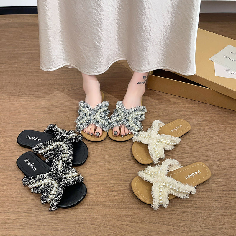 Femmes Boho Seaside Pearl Starfish Diapositive Sandales Correspondance quotidienne