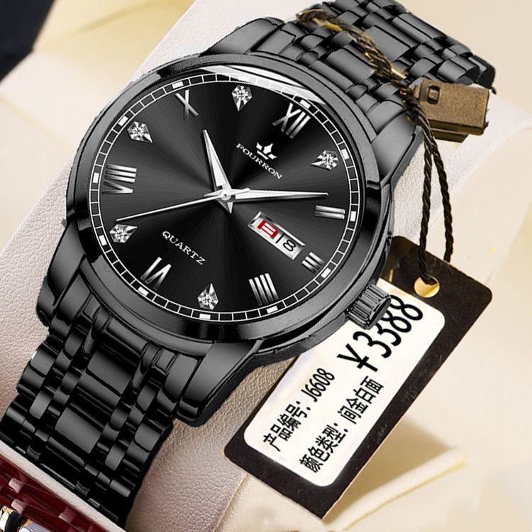 Double calendrier lumineux Quartz acier inoxydable Imperméable montre homme avec montre