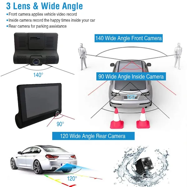 1296P Voiture DVR Dash Camera 4En 3 Lens Vehicle Drive Recorder Enregistrement sans couture