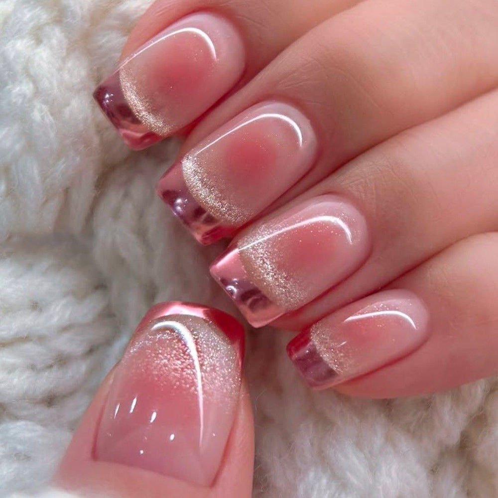 24 Stickers Petit Carré à la Presse sur Nail Rose Acrylique Français avec Effet Gradient