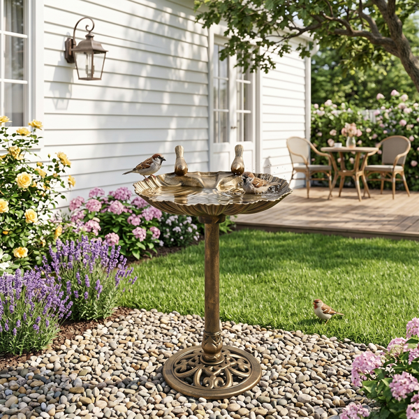 Bain d'oiseau en résine de bronze antique de 50x36x81cm avec bord de coquille et 1,4W Fontaine solaire