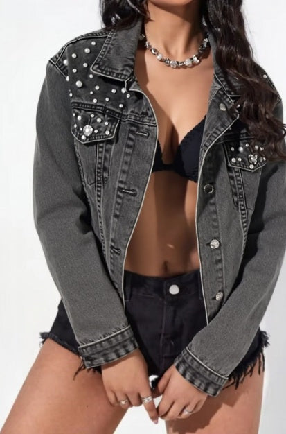 Femmes Perle Studded Denim Veste noir lavé embelli Jean Veste Mode Streetwear O