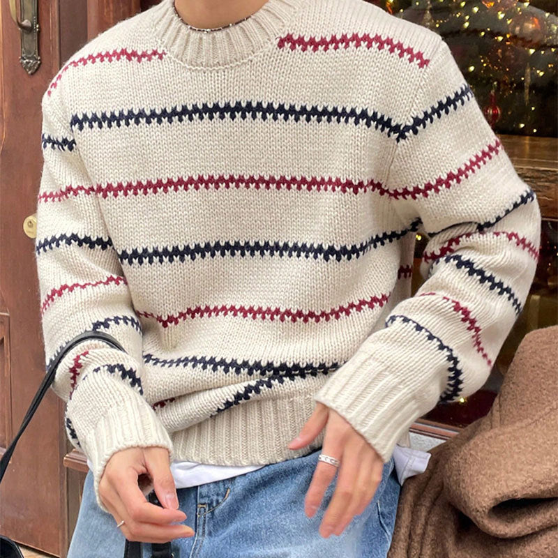 Hommes style coréen Laid-back rayé Nouveau-arrivée Loose-fitting Versatile Col d'équipage Long-sle