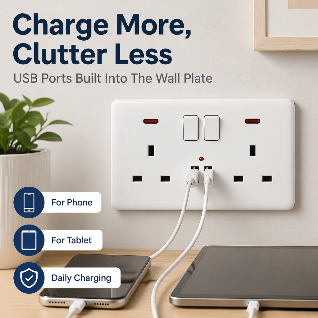 Double Wall Socket 2 Gang 13A W 2 USB Charger Sockets Flat Plate UK