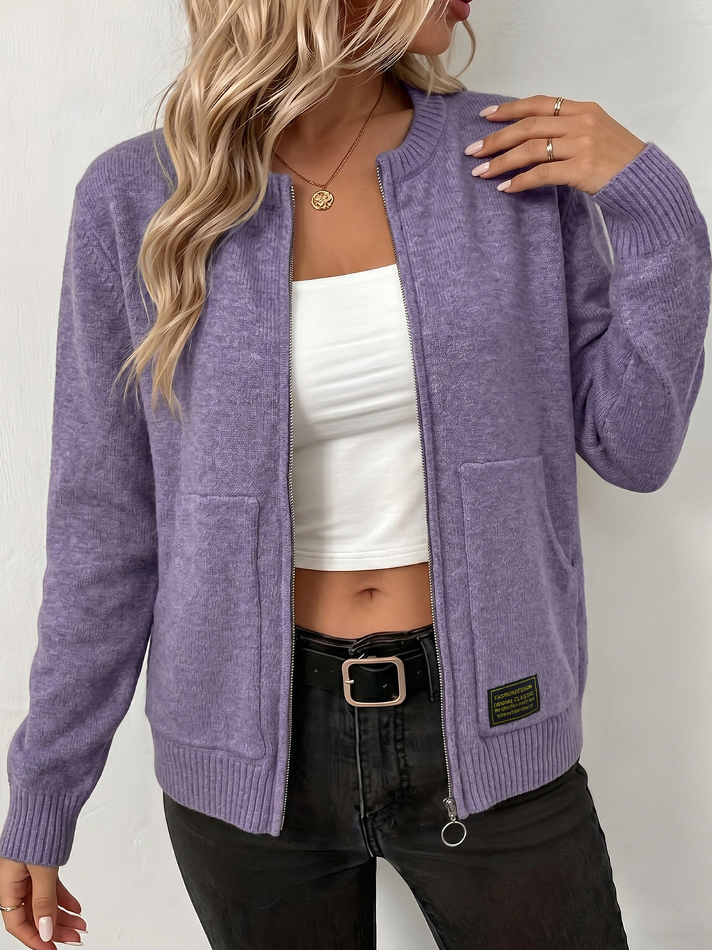 Cardigan tricoté couleur solide pour femmes avec fermeture éclair