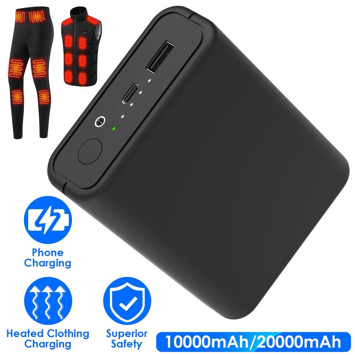1Pc 10 000mAh OU 20 000mAh 5V 2A Banque de puissance pour vestes chauffées Vestes Pantalons Gants Écharpes