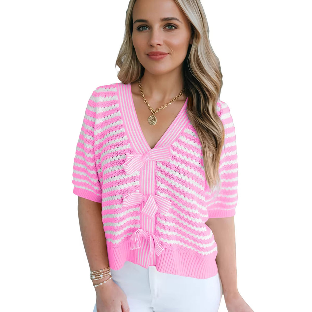 Femmes Pullover Col V Chandail à manches courtes