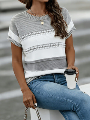 Casual été couleur bloc rayé manches courtes tricot Top