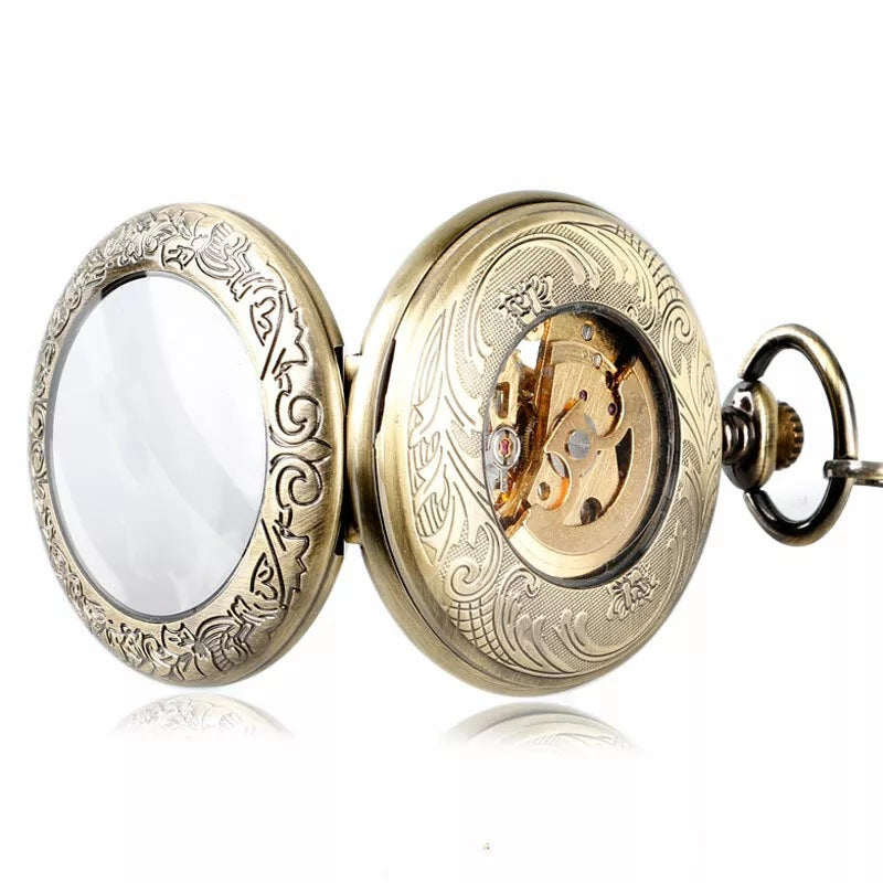 Flip-Open Retro Transparent-Lid Montre de poche mécanique gravé