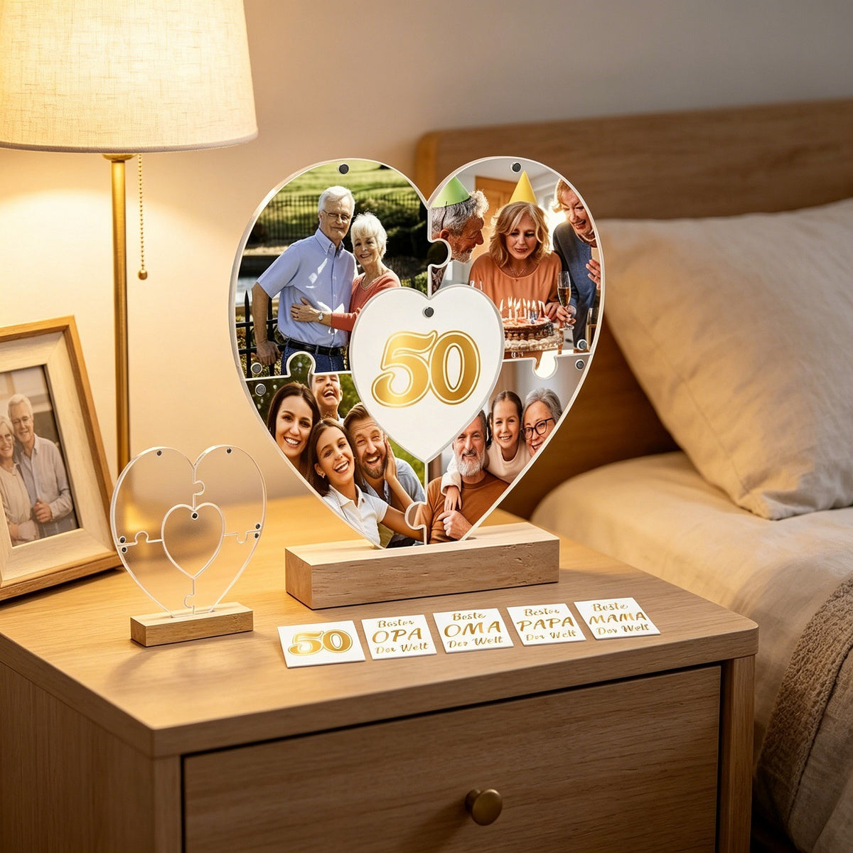 3-Piece Set: Cadre photo magnétique en acrylique en forme de coeur avec support en bois et stickers métal