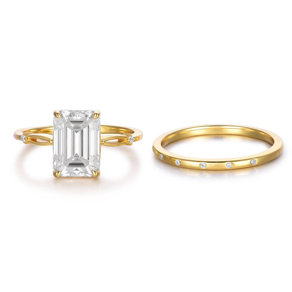 S925 Argent plaqué or 3,5ct Coupe émeraude Moissanite bague de mariage ensemble D Couleur VVS1 Taille US