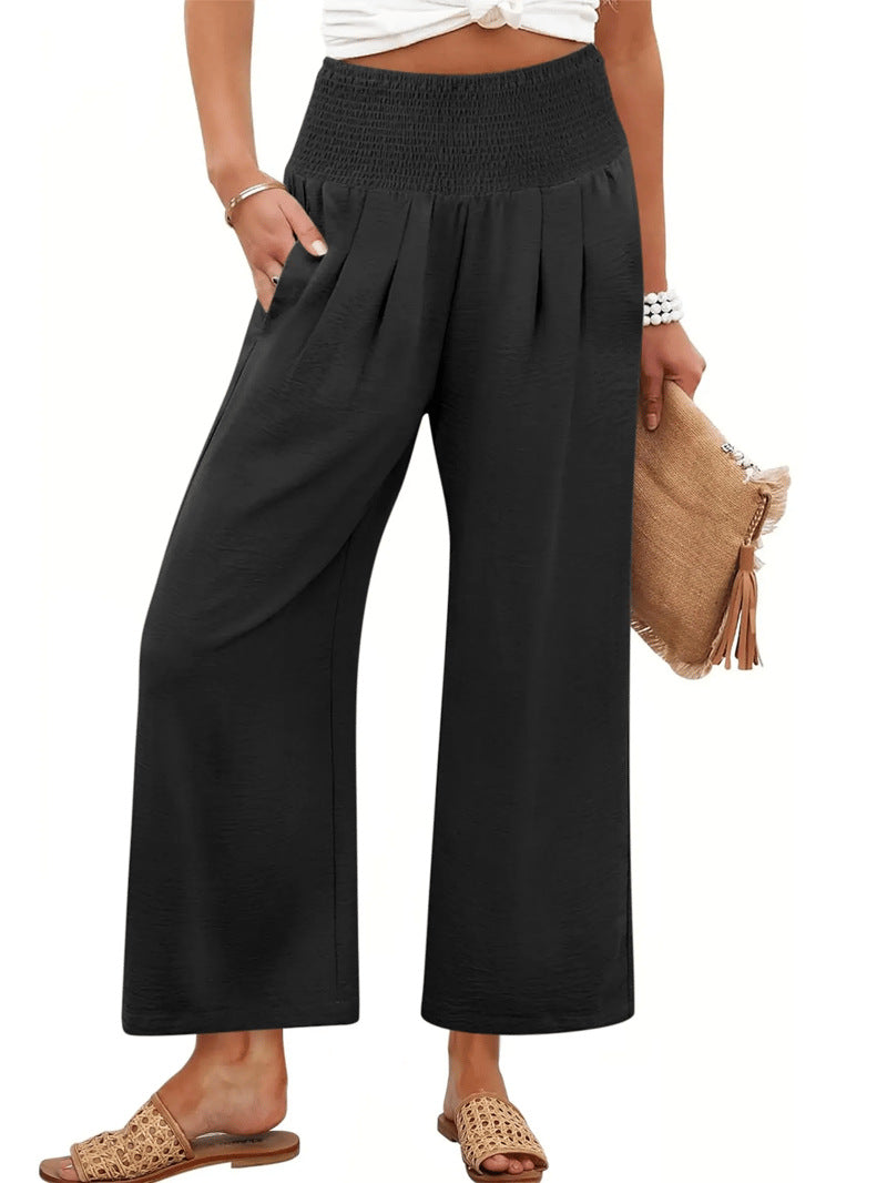 Printemps et automne Couleur solide Pantalons de femmes broyés haute taille taillés droit-leg Casual