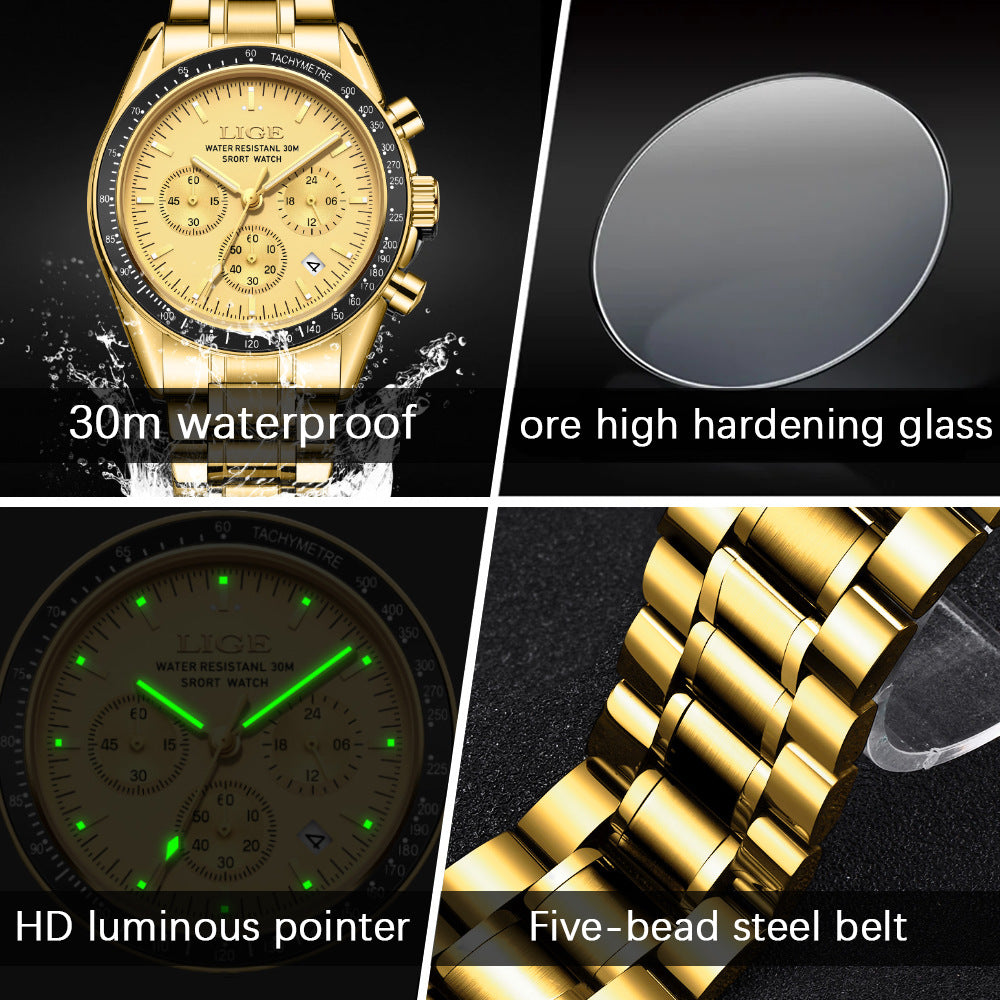 Hommes Multifonctionnel Imperméable Calendrier Lumineux Quartz Montre